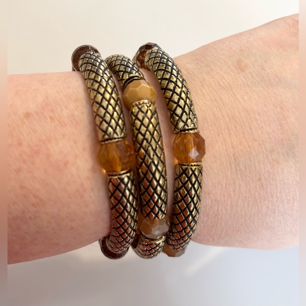 Gold Mesh & Amber Bead Stretch Bracelet Trio | 2 for $30
